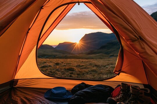 Camping inside a tent with a mountain sunrise view during a summer adventure trip
