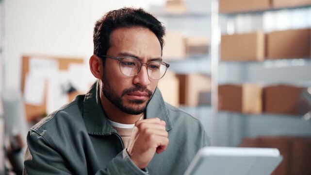 Tablet, thinking and logistics worker in office for delivery information, research or ecommerce order. Man, digital technology and supply chain manager with ideas for distribution, cargo or export