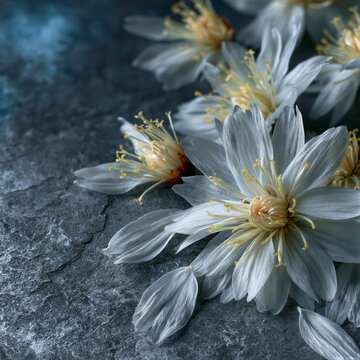 Delicate white chrysanthemum petals scattered on textured gray stone with soft overhead lighting and dark cool blue tones, offering upper-left copy space ideal for memorial posters and peace...