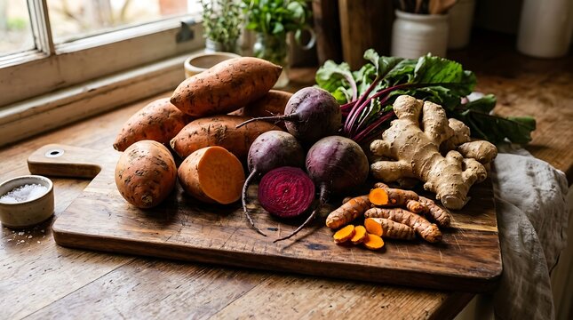 Fresh organic root vegetables including sweet potatoes, beetroots, ginger, and turmeric on a wooden cutting board in a rustic kitchen setting