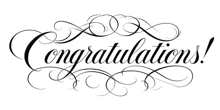 Elegant decorative congratulations text with ornate swirls and flourishes in calligraphy style