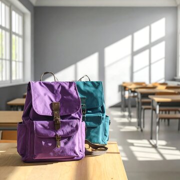 Two colorful school backpacks resting on a wooden desk in a bright empty classroom.