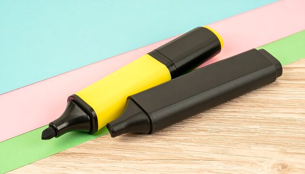 Two modern highlighter pens with yellow and black bodies on colorful paper.