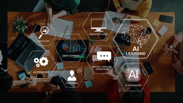 Engaging workspace showcasing a team collaborating on artificial intelligence concepts, featuring deep learning, computer vision, and automation elements, enhancing creative discussion. Raster