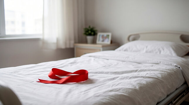 Red women slippers on cozy unmade bed in bright bedroom