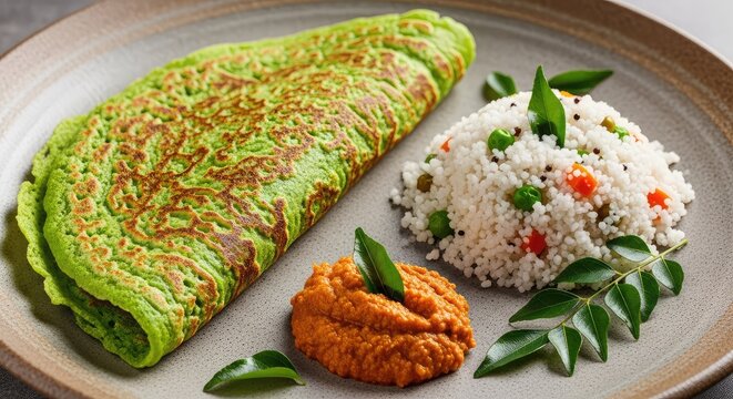 Traditional healthy green gram crepe served with fluffy semolina upma and spicy ginger chutney on a rustic plate with fresh curry leaves, wood, plate, texture