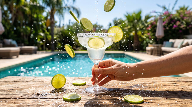 Dynamic action shot of a refreshing margarita by a pool featuring lime slices and salt spray.