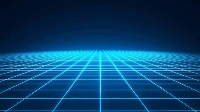 Futuristic glowing blue neon grid background with perspective lines for digital technology concepts