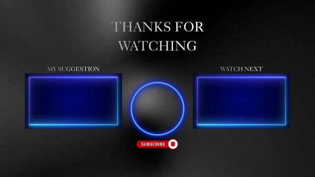 Youtube end screen graphic design neon blue rectangles circular frame subscribe button overlay.