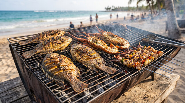 Seafood fish, lobster and squid barbecue on the beach