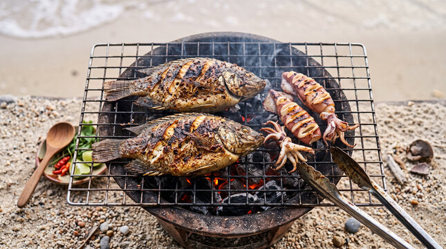 Grilled fish and squid on the grill