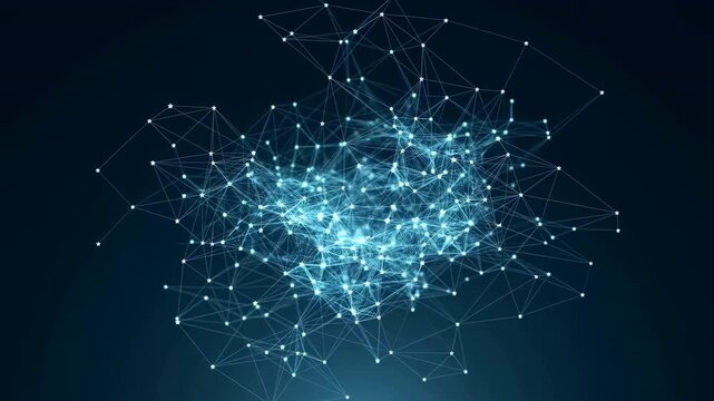 Glowing cyan node network pulsing across dark gradient background with layered filament mesh, angular line links, sparse lattice detail, and deep abstract technology depth