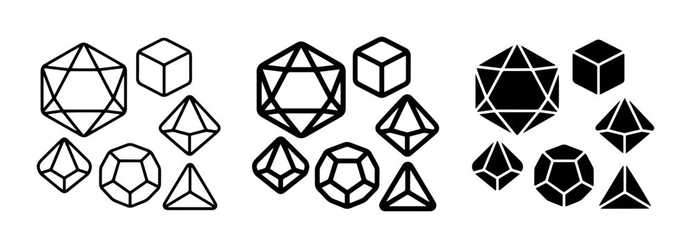 Polyhedral Dice Set, Geometric Shapes, Game Dice Icons, D&D Dice, Tabletop RPG Dice, Black and White Vector Graphics