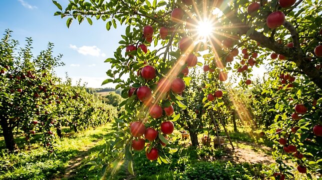 Bright sunny morning in an apple orchard with ripe red apples hanging on lush green trees during harvest season