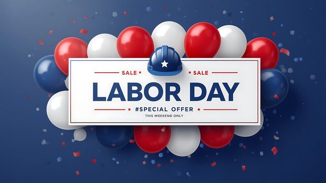 Labor Day sale banner background with red white blue balloons, hard hat, and special offer text for patriotic shopping promotion vector illustration