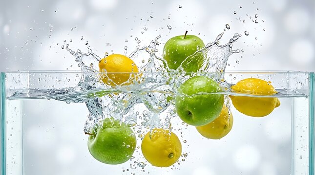 Fresh Green Apples and Yellow Lemons Falling into Clear Water with Dynamic Splashes and Bubbles