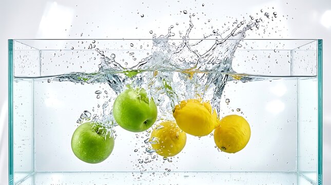 Fresh green apples and bright yellow lemons splashing into a clear water tank with dynamic spray and bubbles