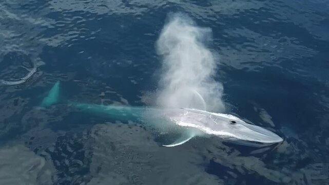 A massive blue whale glides through the serene Pacific, rhythmically surfacing to expel a powerful mist of air into the clear daylight sky.