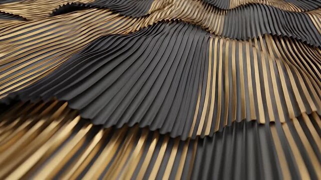 Abstract Rippling of Black and Gold Pleated Stripes with Soft Lighting