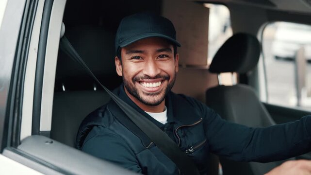 Face, driver and delivery man in van with laugh, shipping distribution and pride for ecommerce job. Happy, male person and courier service in car for transport, supply chain and logistics for export.