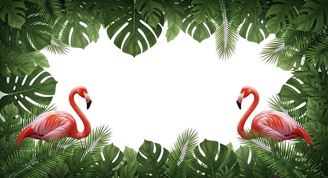 Tropical monstera leaf frame with two pink flamingos on white