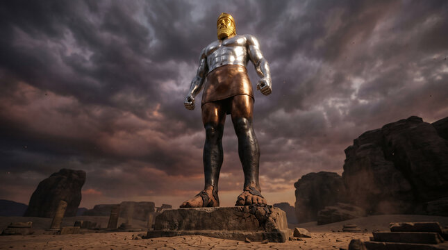 Daniel interpreting King Nebuchadnezzar's terrifying dream. A colossal, intimidating statue made of gold, silver, bronze, iron, and clay