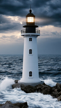White lighthouse ocean wave rocky coast dramatic sky beacon light evening navigation maritime safety seascape stormy mood