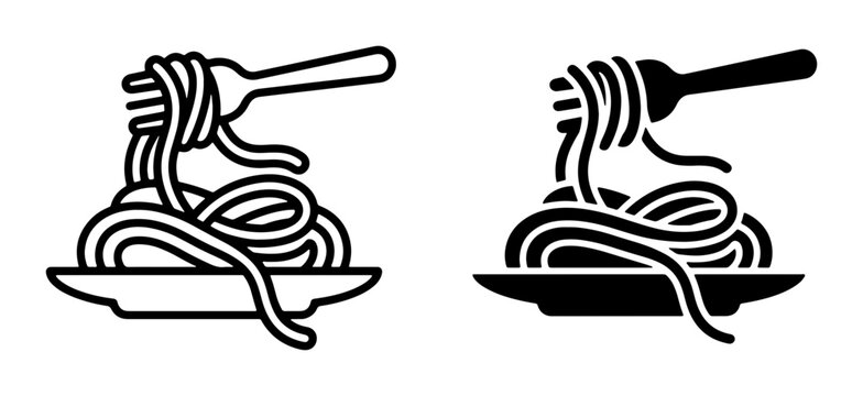 Spaghetti Icon Set, Pasta Plate and Fork, Italian Food Vector Graphics, Silhouette and Outline Styles