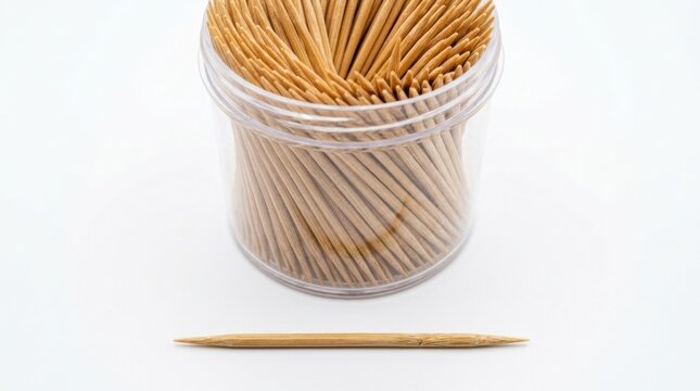 Wooden toothpicks in a plastic container isolated on white background