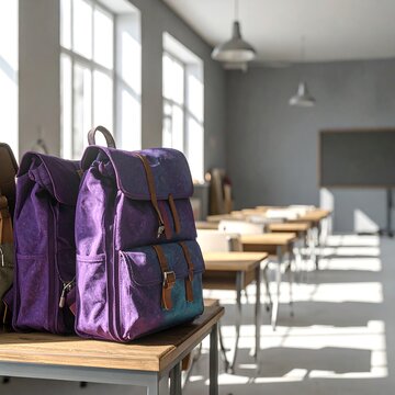 Two purple school backpacks sitting on a wooden desk in an empty classroom.