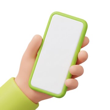 3D hand holding a green smartphone with blank screen for copy space smartphone technology