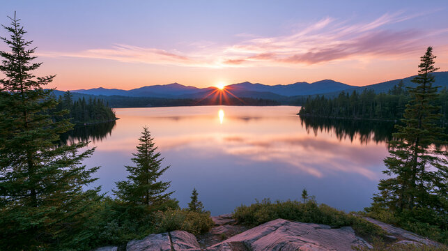Peaceful Wilderness View of Mountain Lake Reflecting a Warm Sunset and Pine Forest Viewed from a Rocky Elevated Shore