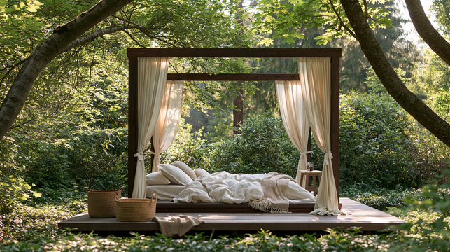 Romantic Outdoor View of Canopy Daybed with White Curtains in a Lush Forest Placed on a Wooden Platform Beneath Large Trees