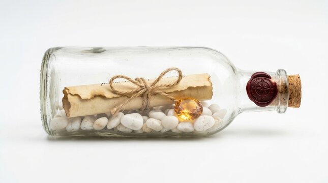 Message in a bottle with a scroll, a gemstone, and white stones isolated on white background