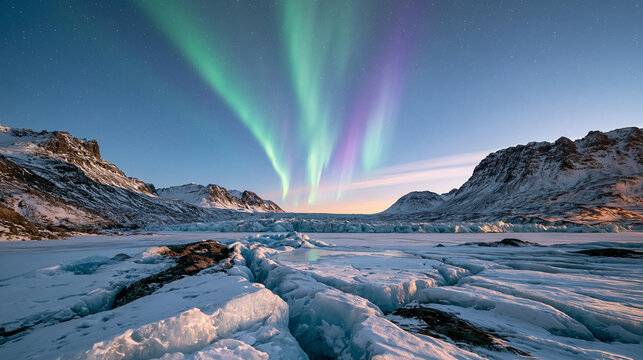 Green and Violet Aurora Dancing Above a Frozen Mountain Valley Across a Clear Arctic Night Sky