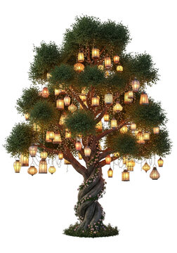 A magical green tree decorated with many glowing golden lanterns hanging from the branches isolated on transparent background