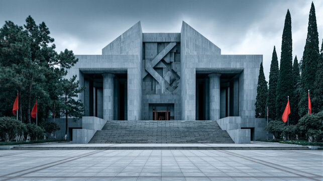 Solemn modern memorial hall exterior with grand stone steps and towering columns, cool blue-gray tones, dramatic overcast sky, clean negative space for documentary and educational branding.