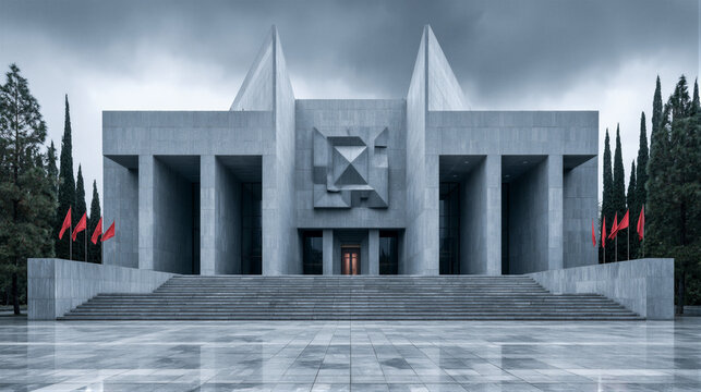 Solemn modern memorial hall exterior with grand stone steps and towering columns, cool blue-gray tones, dramatic overcast sky, clean negative space for documentary and educational branding.