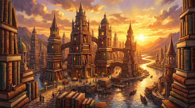 Fantasy book city with building towers shaped like book stacks along river at sunset background