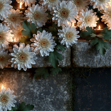 White chrysanthemums on weathered stone with soft candlelight, dark backdrop and right negative space for text, perfect for memorial posters, funeral backgrounds, and remembrance designs.