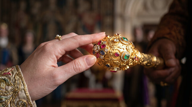 Queen Esther approaching King Ahasuerus. The King extending his royal golden scepter to spare her life