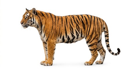 Fototapeta premium Majestic tiger standing in profile isolated on white background