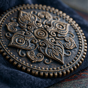 Bronze medal with abstract relief on navy velvet background. Warm patina and soft lighting highlight sharp macro details. Negative space for luxury branding and heritage campaigns.