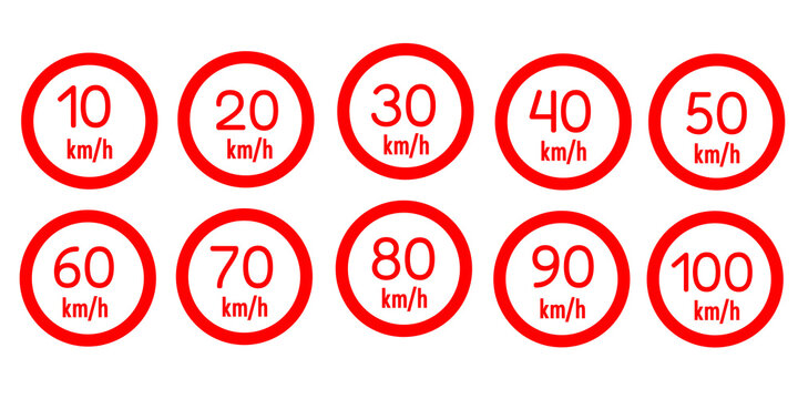 A collection of traffic speed limit signs from 10 -100 km/h. Speed ​​limit icons in traffic signs.