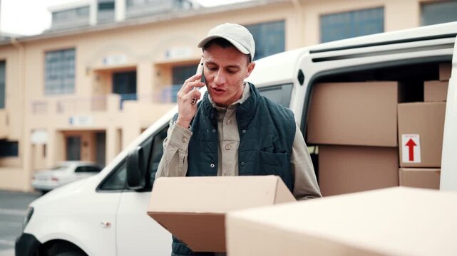 Angry, phone call and delivery man with box, outdoor and frustrated with wrong address or discussion. Unhappy, courier and person with mobile, communication and complaining about shipping mistake