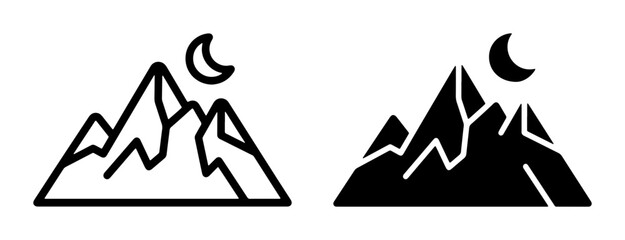 Mountain Icons, Night Landscape Graphics, Crescent Moon Silhouette, Vector Art for Adventure and Nature Themes © Momin