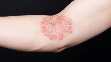 Fototapeta premium Red rash on human elbow skin close-up inflammation