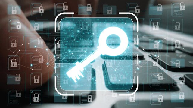 Digital key symbol on keyboard with data security icons representing cybersecurity, encryption, and online privacy in modern technology landscape Sigmoid