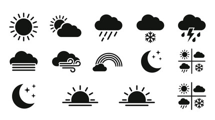 Obraz premium Set of weather forecast icons featuring sun clouds rain snow storm and moon.