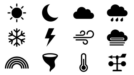 Obraz premium Set of black weather icons for forecast and climate information.